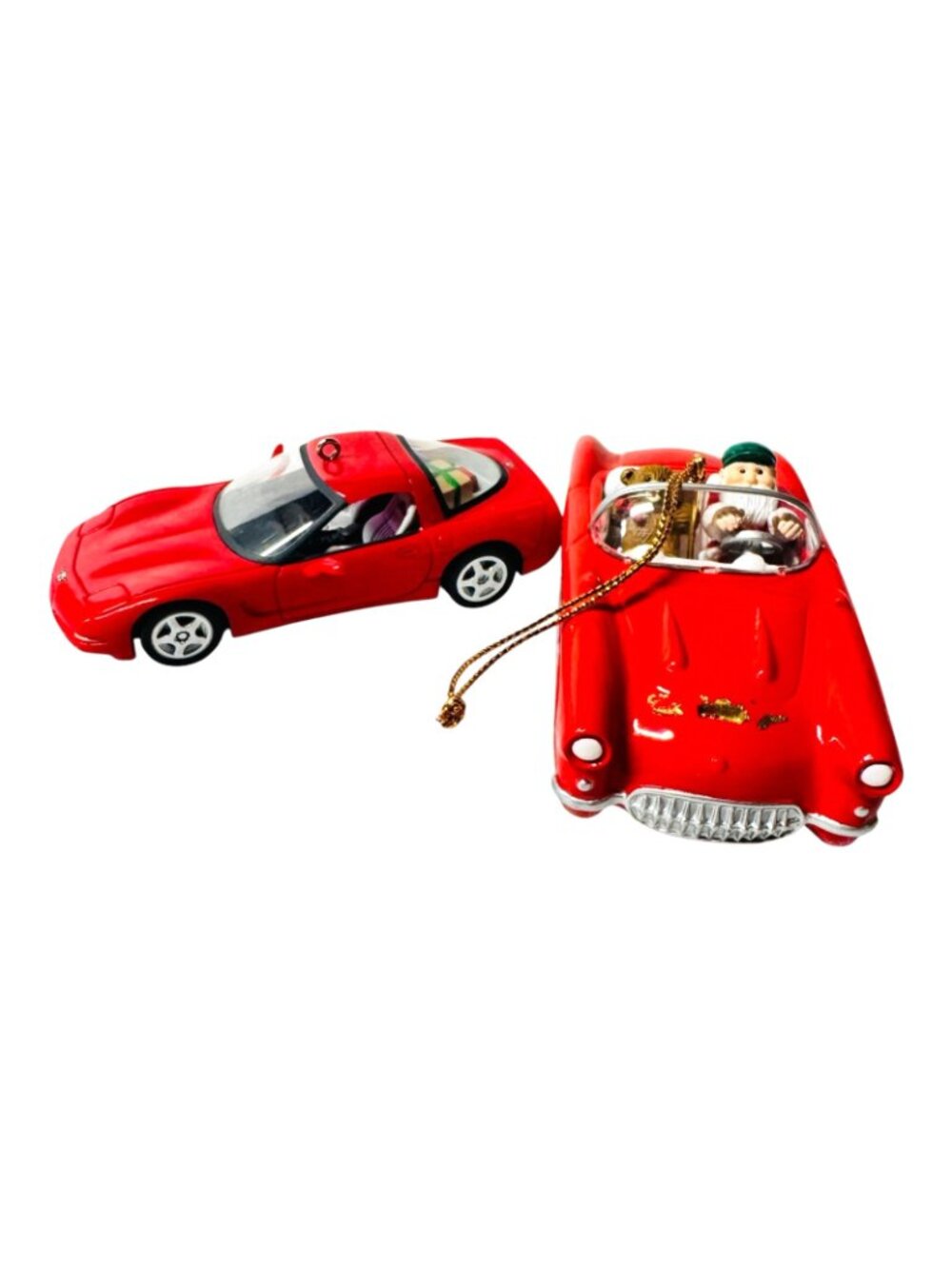 Lot 2 Red Corvette Car Christmas Ornaments Santa Classic Convertible Decor - Picture 2 of 8